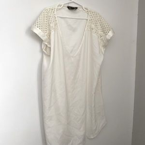 NWOT white satin Express dress shirt with lattice sleeves